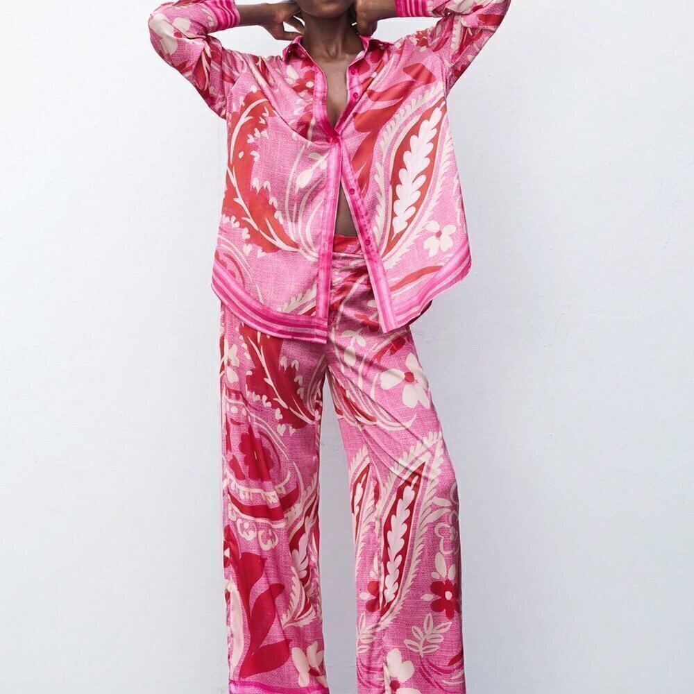 Hot Pink Casual Women's Floral Print Straight Leg Pants For Vacation - Picture 6 of 7